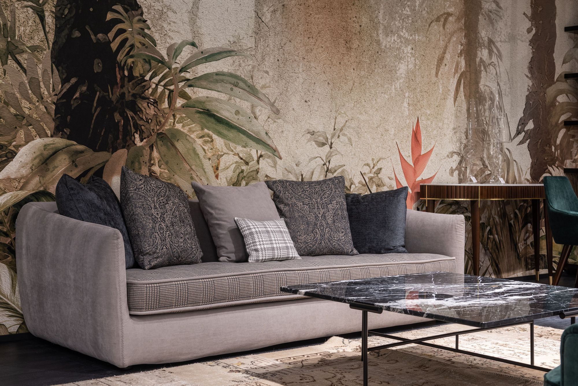 Grey sofa with paisley and checked cushion fabrics