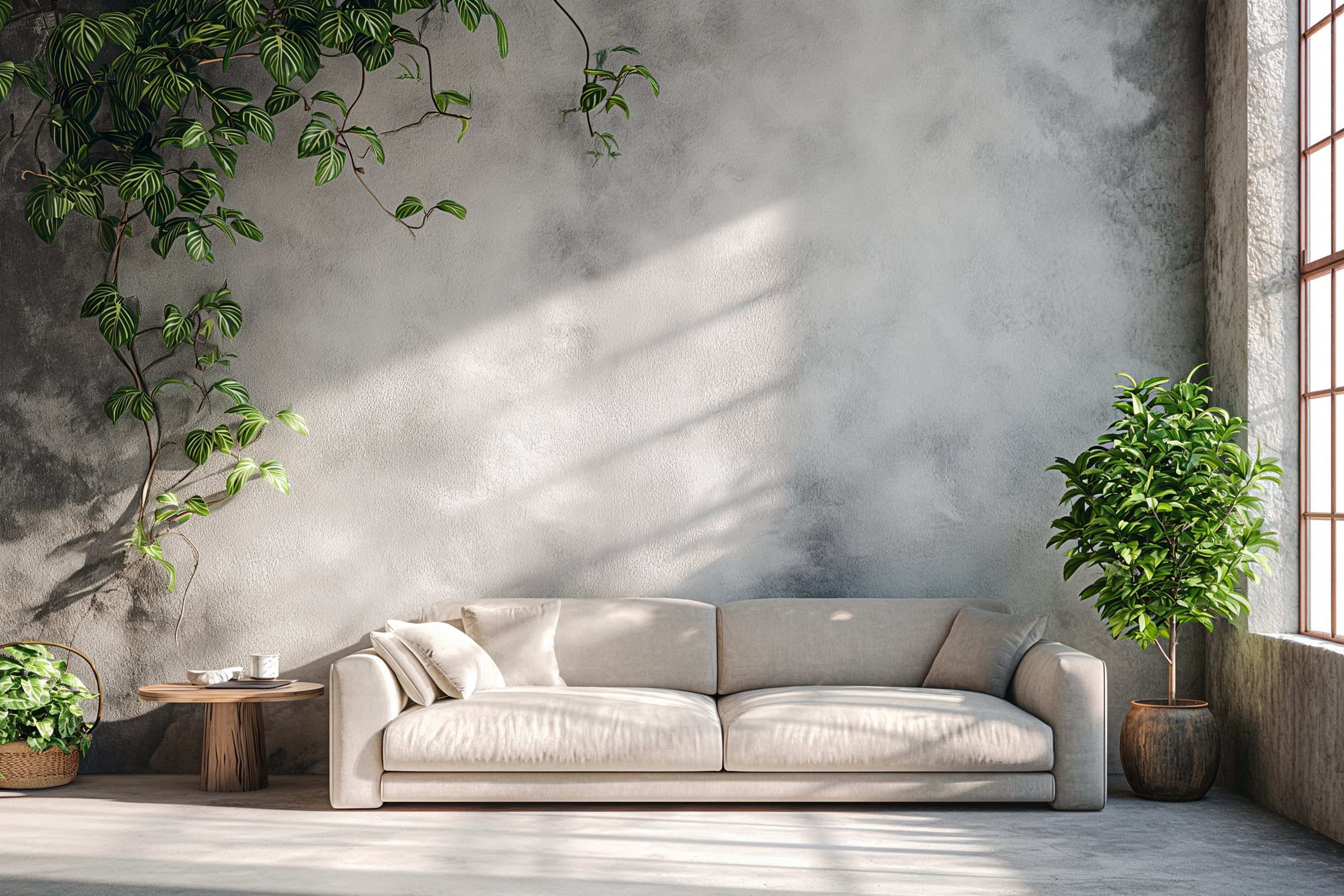 Ivory fabric sofa against a sunlit concrete wall, upholstered in Mittals fabric
