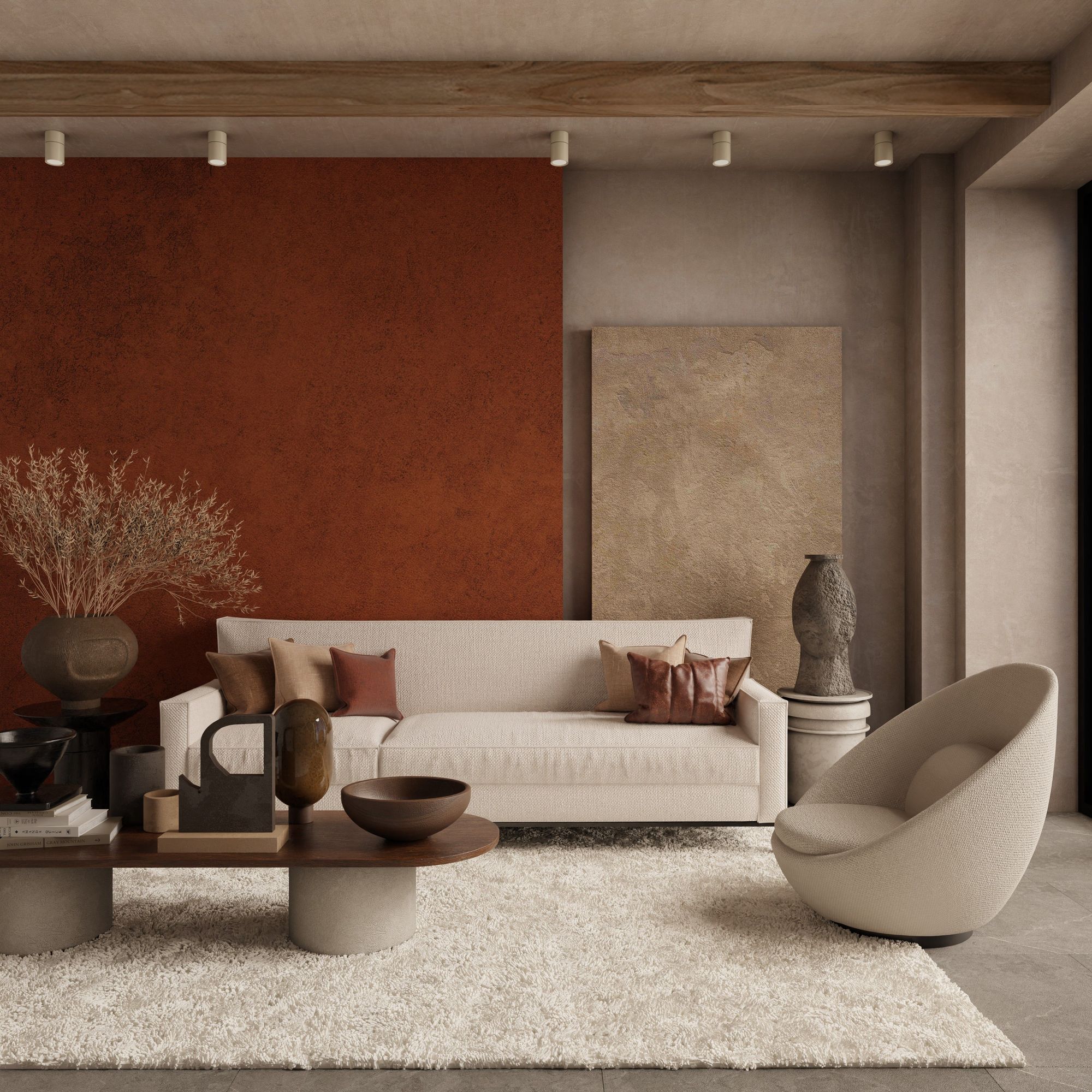 Linen look sofa in a terracotta interior